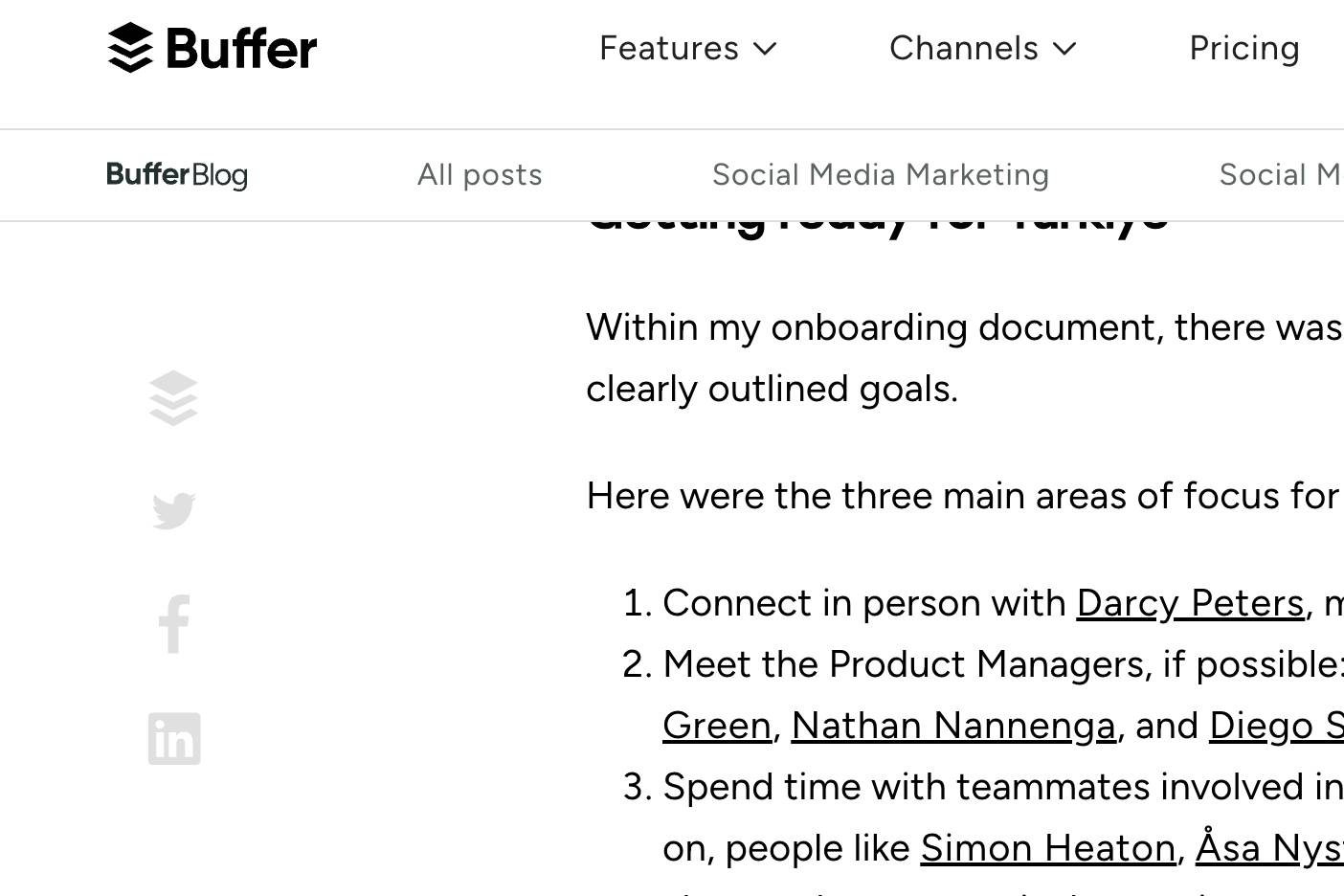 Social share buttons on the Buffer blog