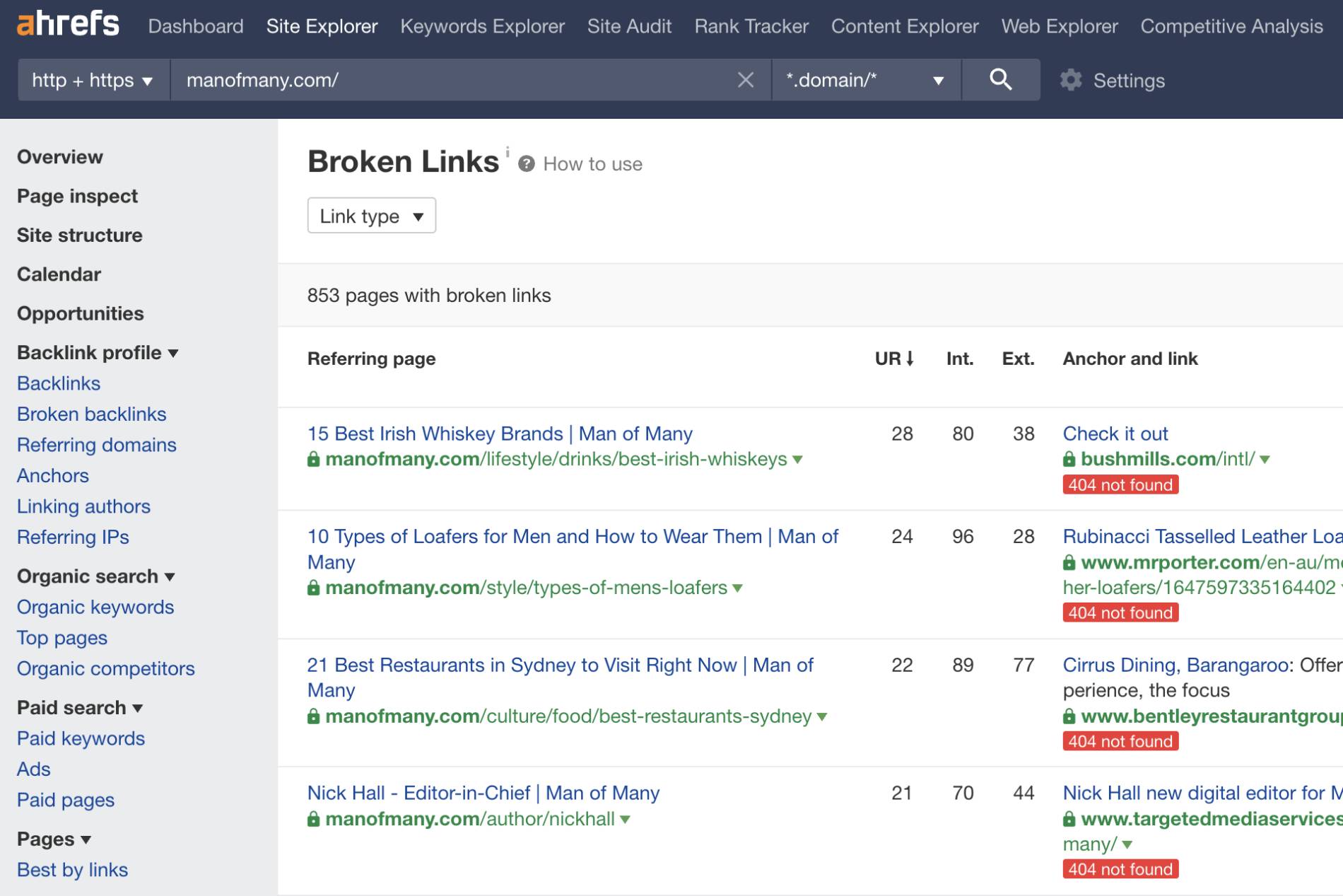 Running a broken links check using Ahrefs